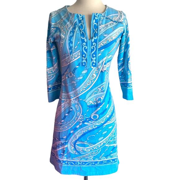Barbara Gerwit Baby Blue Paisley Print 3/4 Sleeve Slit Neck Summer Mini Dress - Picture 1 of 6